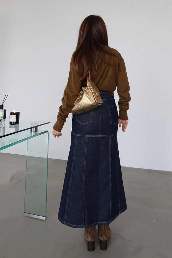 Kontrast Dikişli Uzun Denim Etek