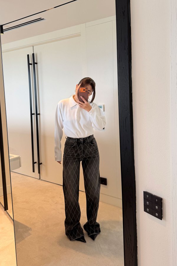 Baklava Desen Taş Baskılı Jean