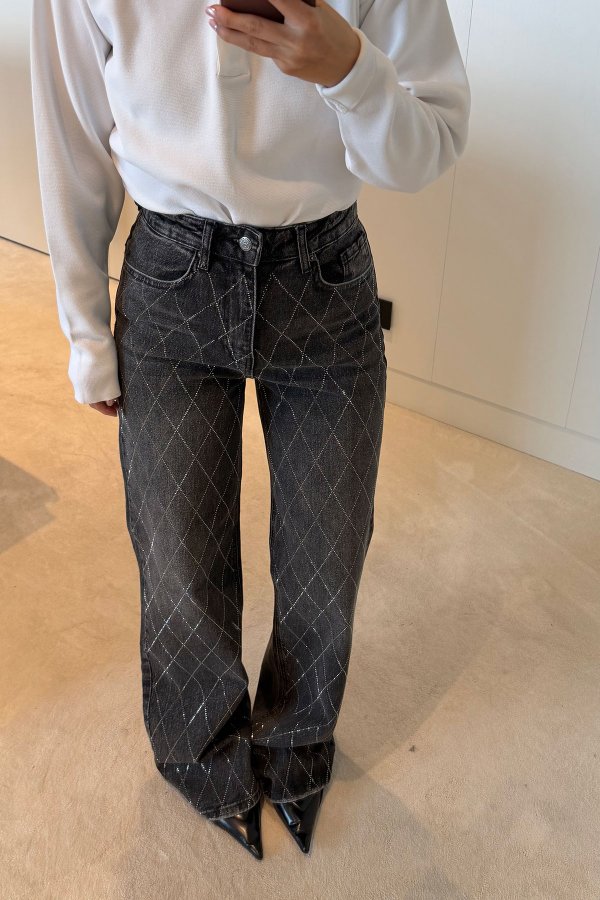 Baklava Desen Taş Baskılı Jean