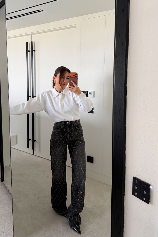 Baklava Desen Taş Baskılı Jean