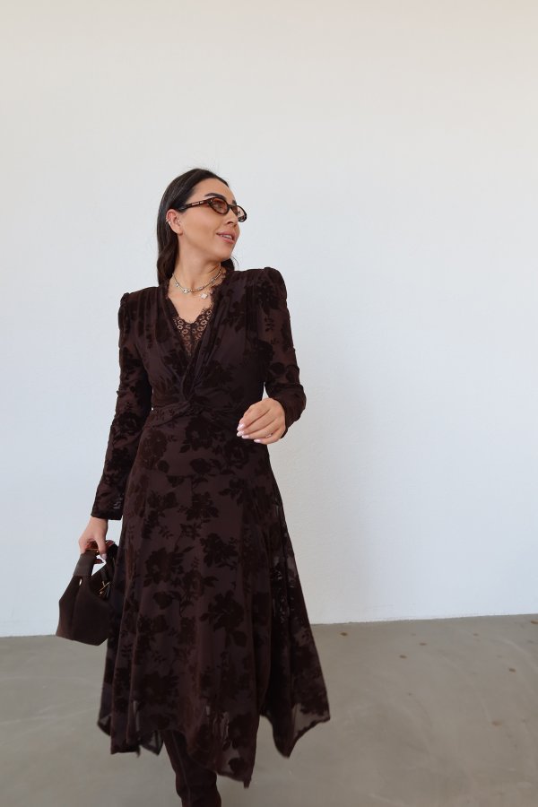 V Yaka Flok Baskılı Elbise