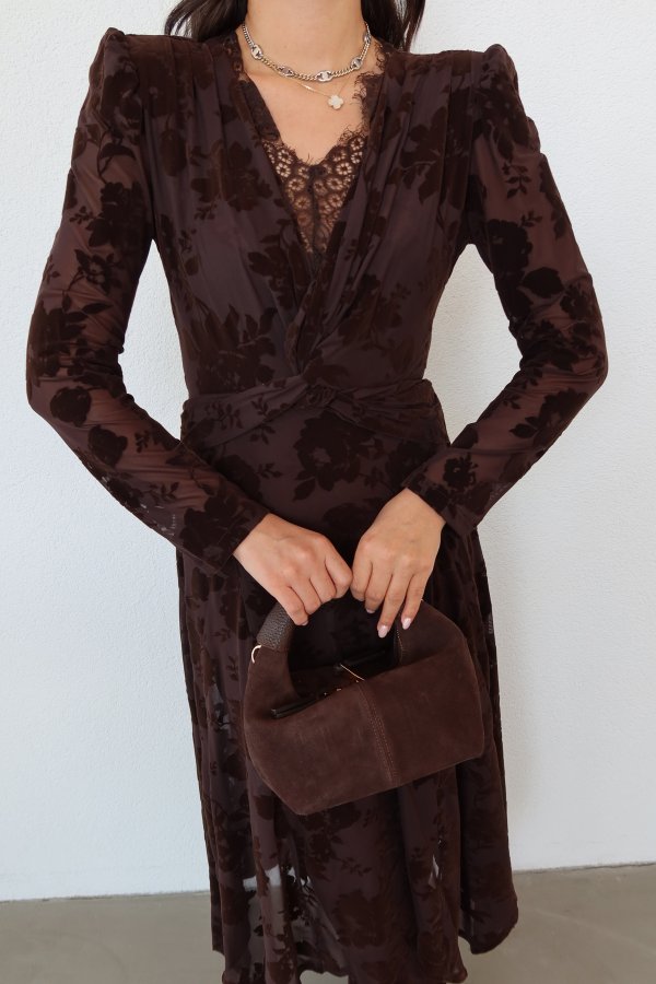 V Yaka Flok Baskılı Elbise