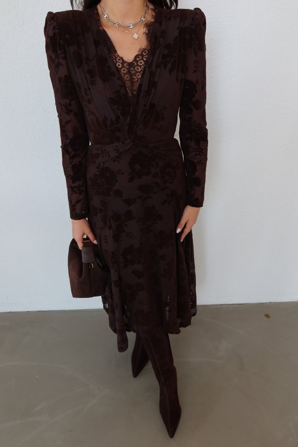 V Yaka Flok Baskılı Elbise