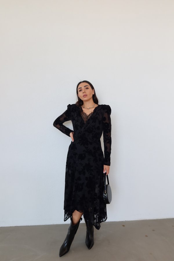 V Yaka Flok Baskılı Elbise