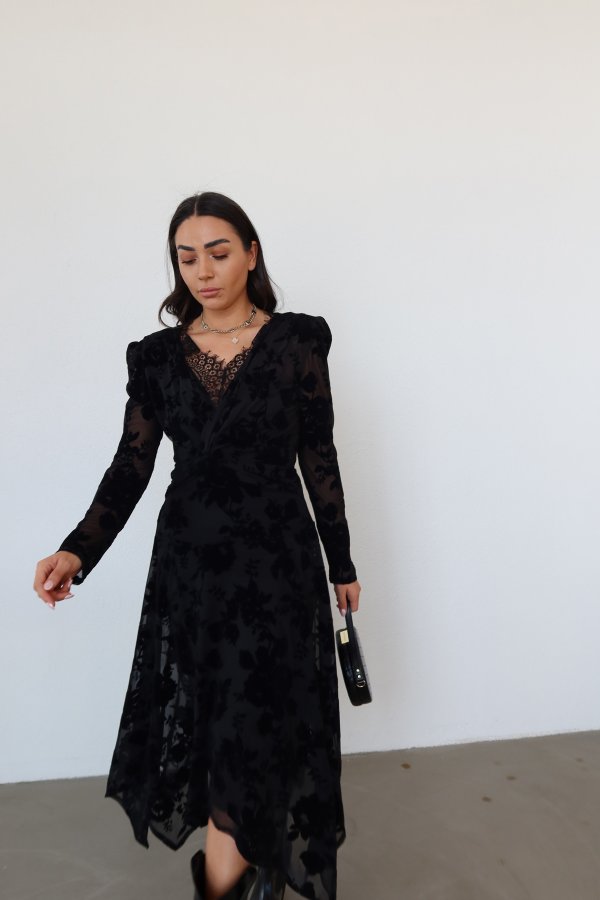 V Yaka Flok Baskılı Elbise