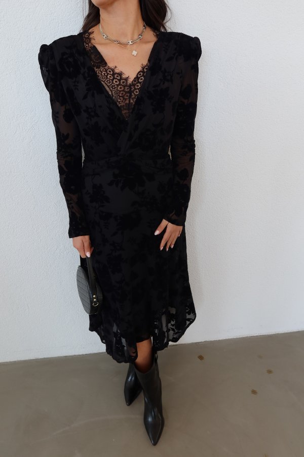 V Yaka Flok Baskılı Elbise