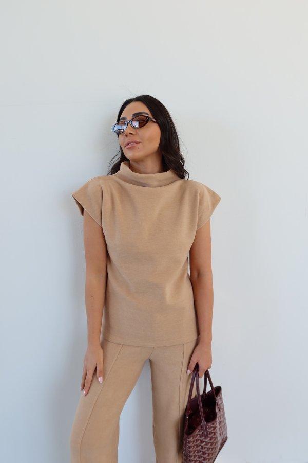 Dik Yaka Kolsuz Fitilli Triko Bluz Pantolon Takım