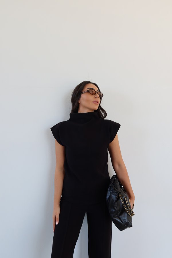 Dik Yaka Kolsuz Fitilli Triko Bluz Pantolon Takım