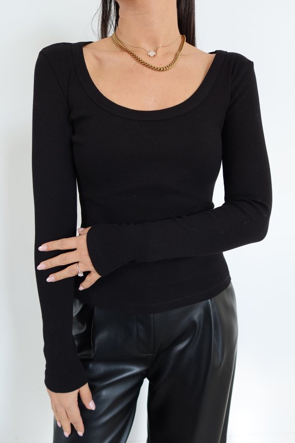 U Yaka Uzun Kollu Fitilli Basic Bluz