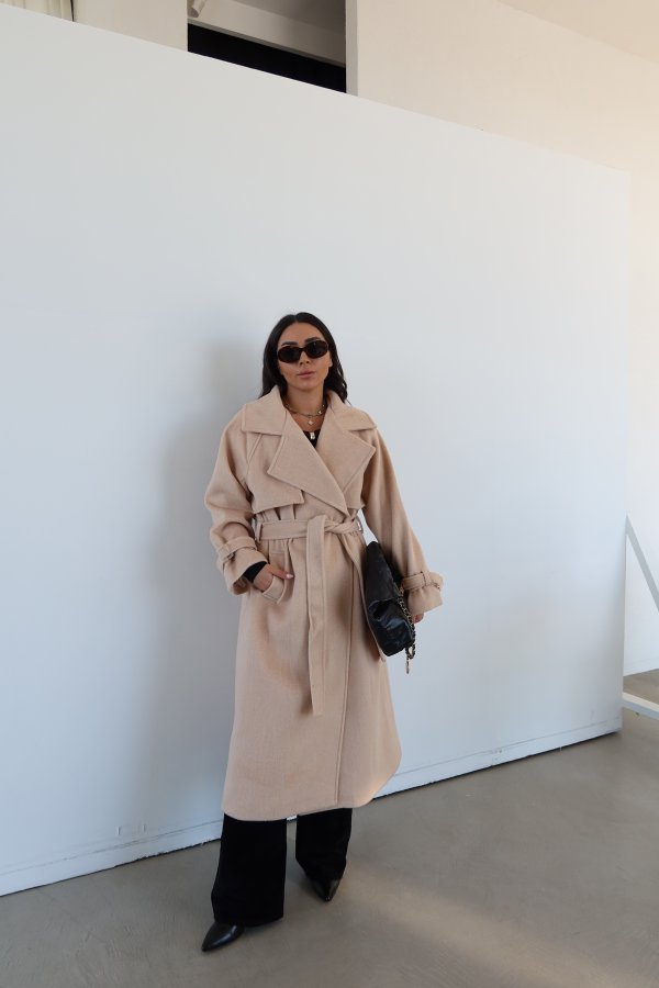 Kruvaze Yaka Kendinden Kuşaklı Kaşe Kaban