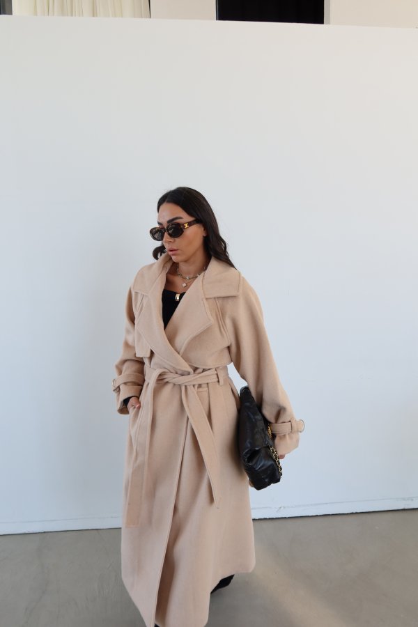 Kruvaze Yaka Kendinden Kuşaklı Kaşe Kaban