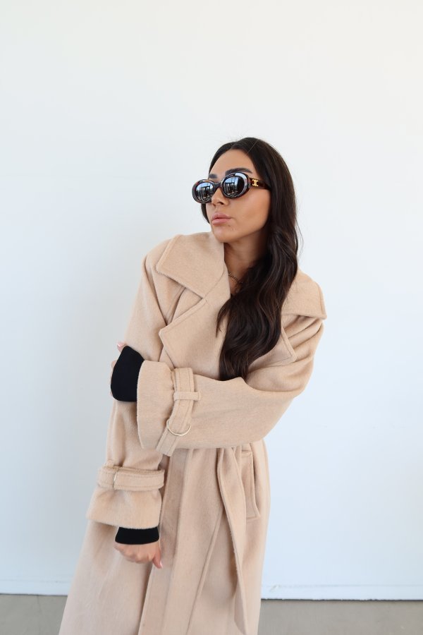 Kruvaze Yaka Kendinden Kuşaklı Kaşe Kaban