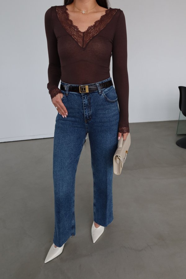 V Yaka Dantelli Kaşmir Bluz