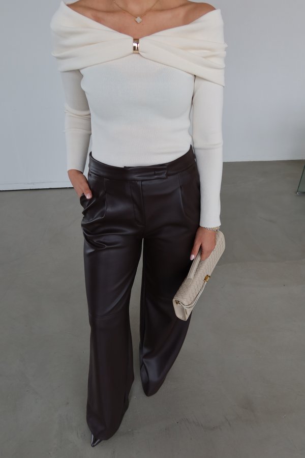 Pileli Bol Paça Deri Pantolon