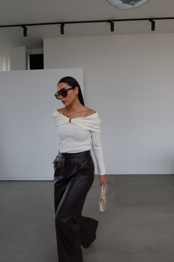 Pileli Bol Paça Deri Pantolon