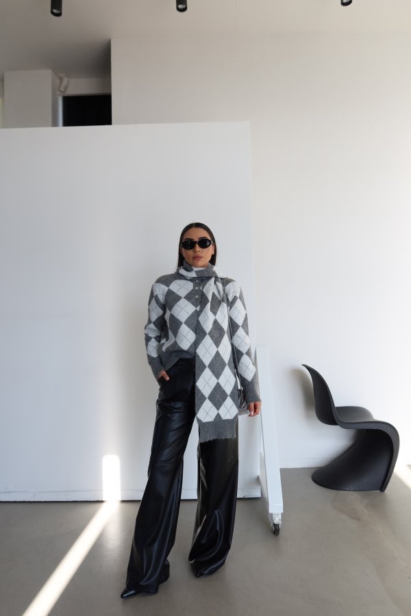 Pileli Bol Paça Deri Pantolon