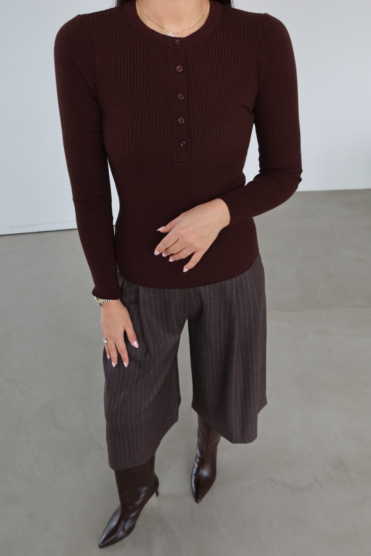 Fitilli Önü Düğmeli Triko Bluz