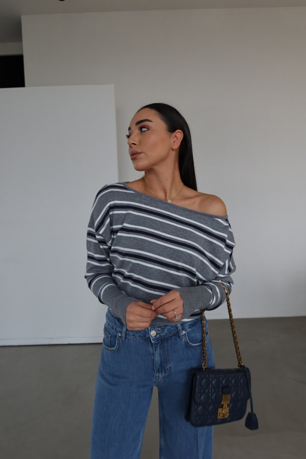 Kayık Yaka Çizgili Basic Triko