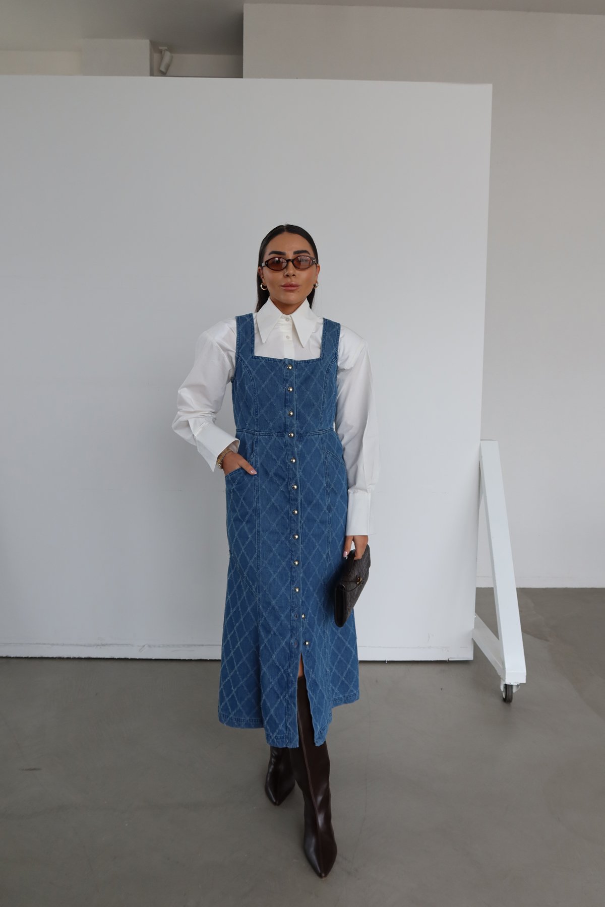 Gold Düğmeli Kolsuz Uzun Denim Elbise