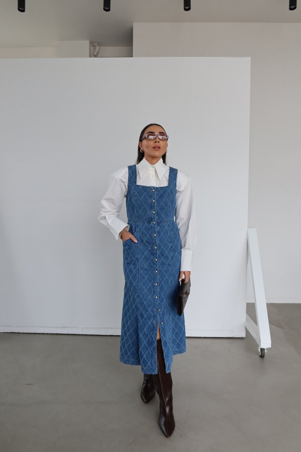 Gold Düğmeli Kolsuz Uzun Denim Elbise