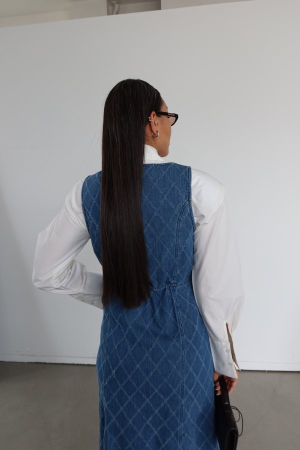 Gold Düğmeli Kolsuz Uzun Denim Elbise