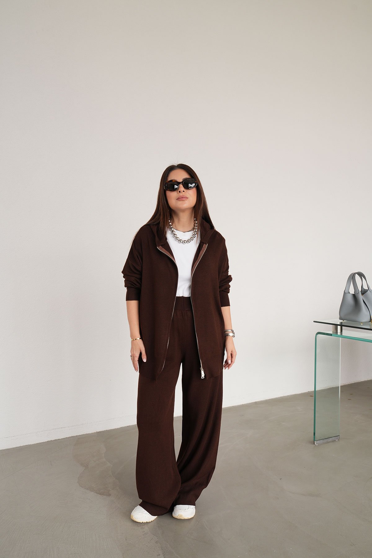 Kapüşonlu Oversize Triko Hırka Pantolon Takım