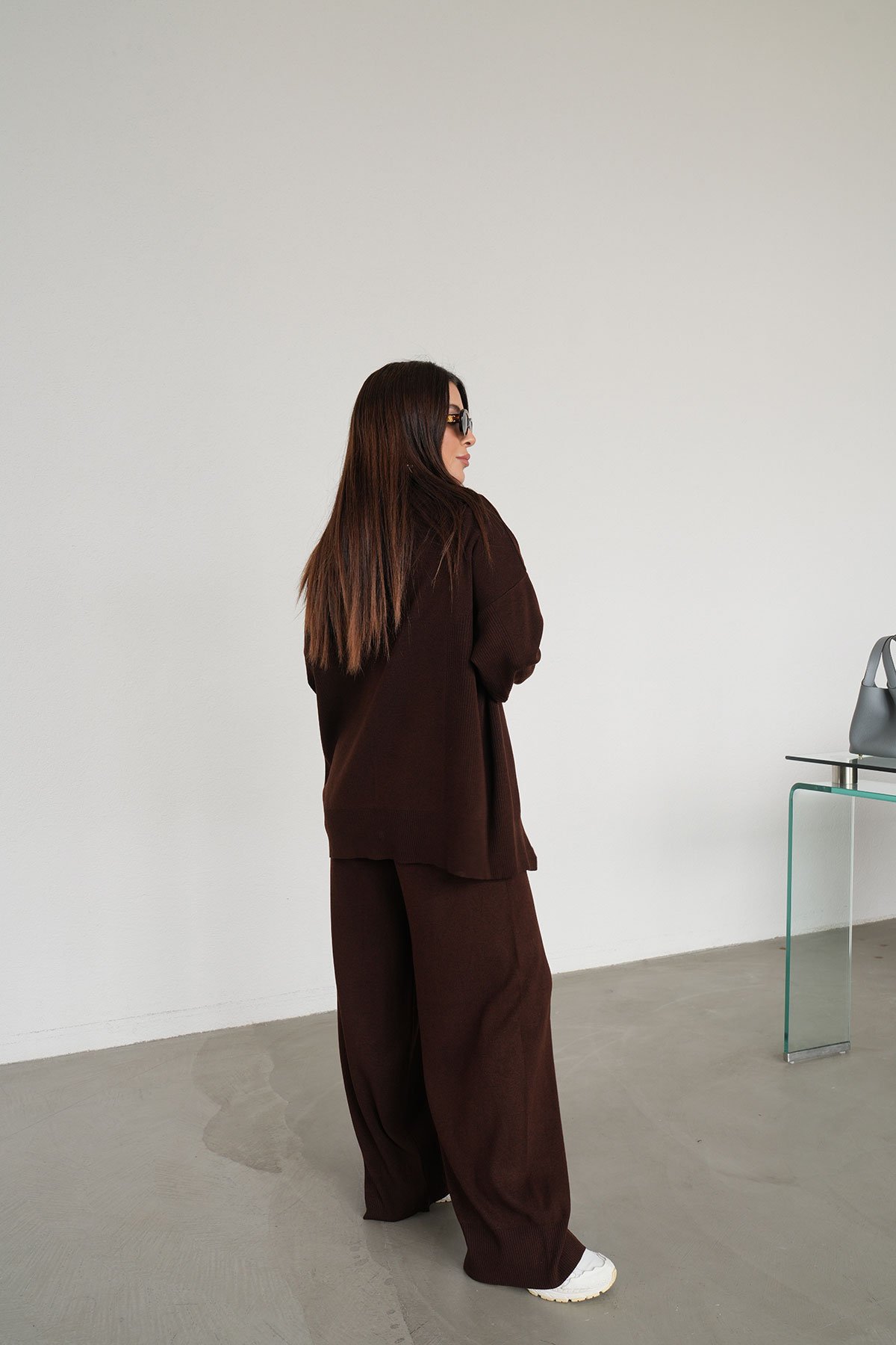 Kapüşonlu Oversize Triko Hırka Pantolon Takım