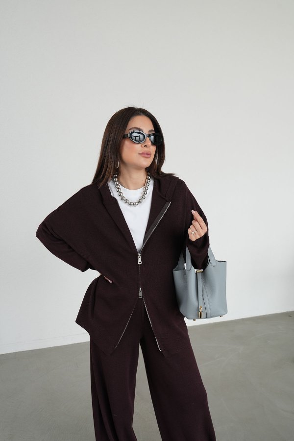 Kapüşonlu Oversize Triko Hırka Pantolon Takım