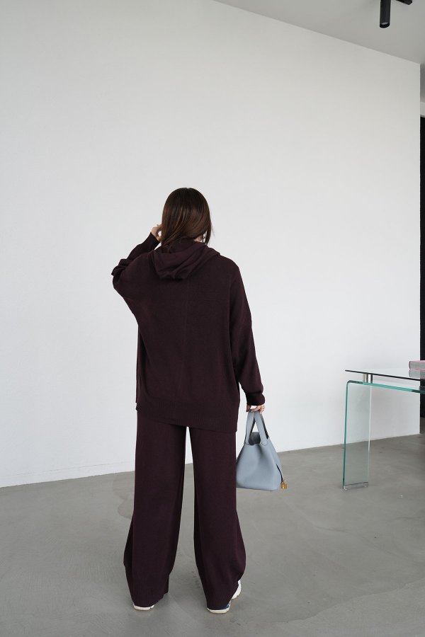 Kapüşonlu Oversize Triko Hırka Pantolon Takım