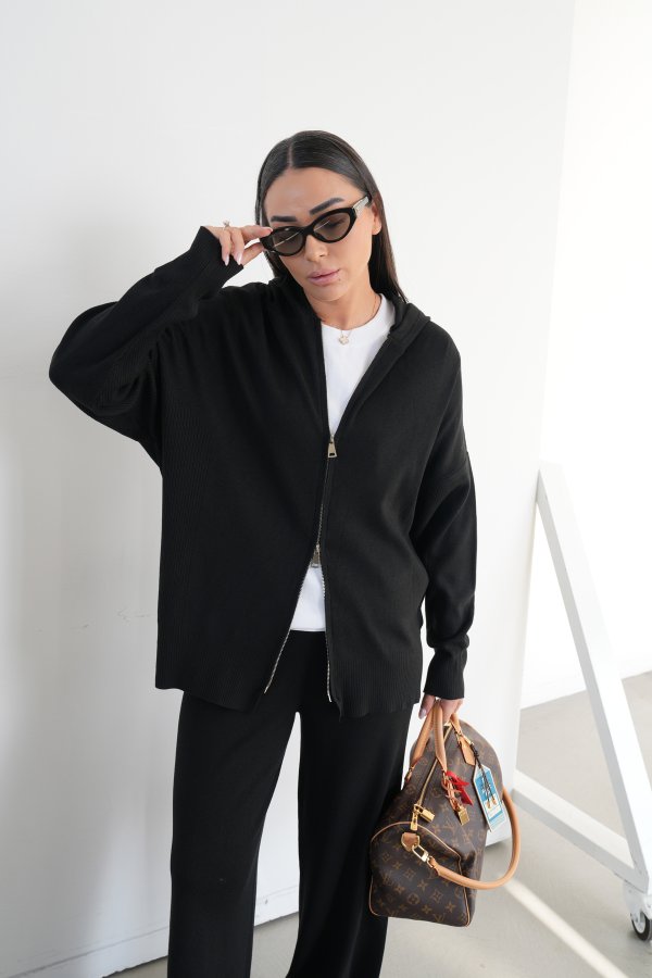 Kapüşonlu Oversize Triko Hırka Pantolon Takım