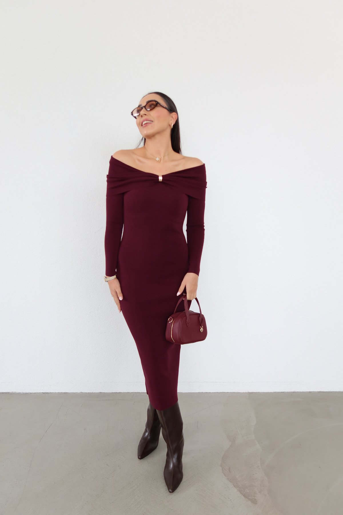 Bardot Yaka Aksesuar Detaylı Triko Elbise