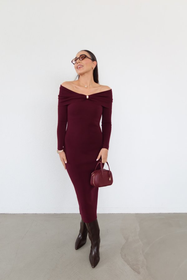 Bardot Yaka Aksesuar Detaylı Triko Elbise