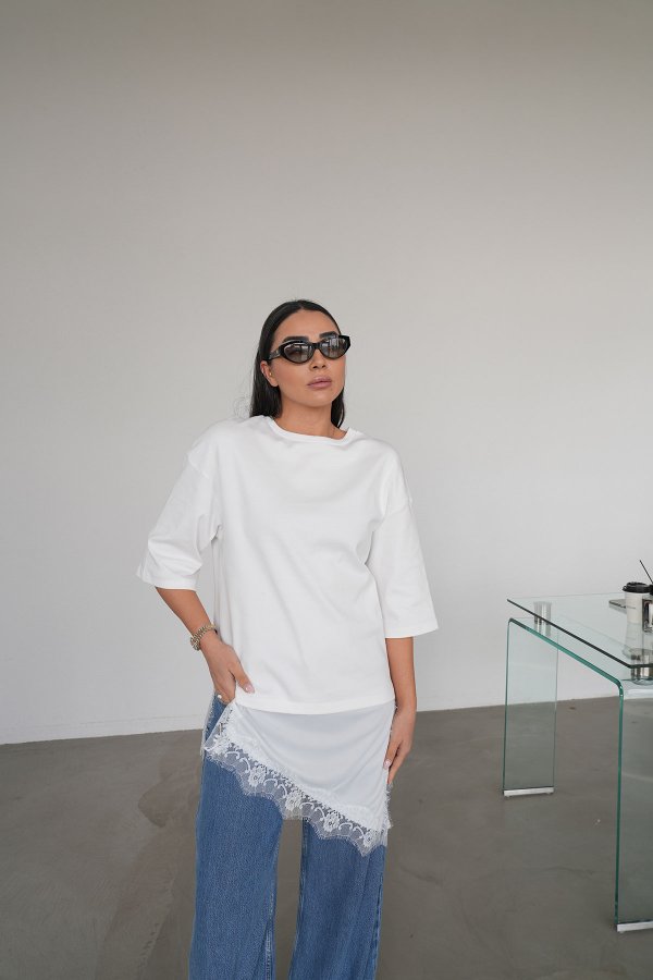 Etek Ucu Dantelli Asimetrik Kesim Elbise