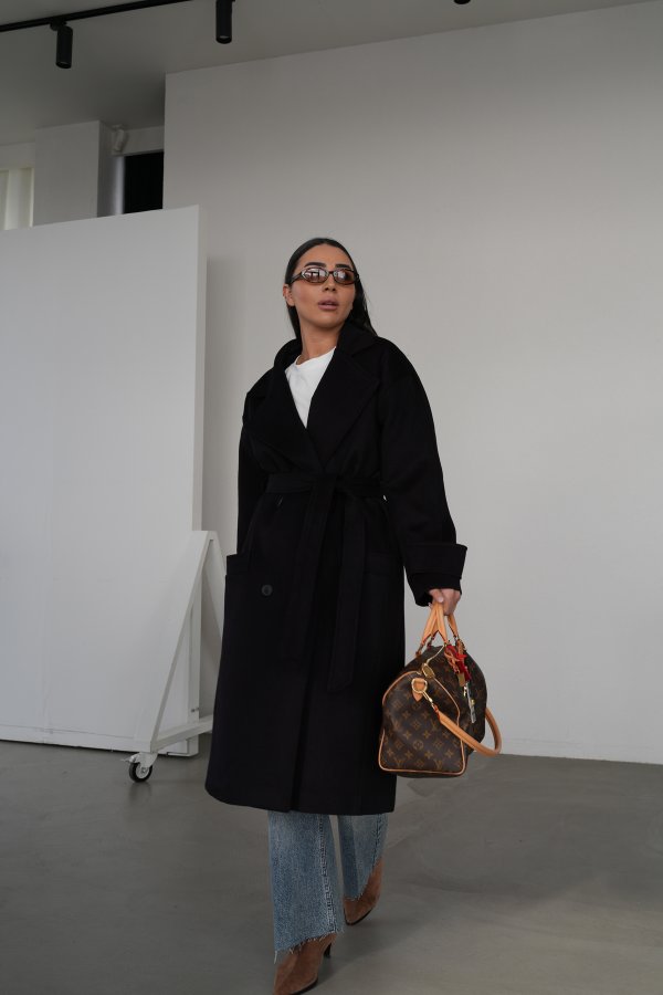 Kruvaze Yaka Kendinden Kuşaklı Kaşe Kaban