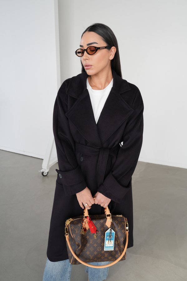 Kruvaze Yaka Kendinden Kuşaklı Kaşe Kaban