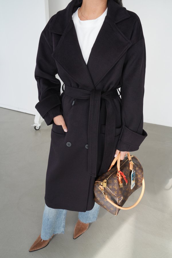 Kruvaze Yaka Kendinden Kuşaklı Kaşe Kaban