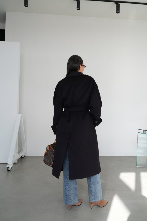 Kruvaze Yaka Kendinden Kuşaklı Kaşe Kaban