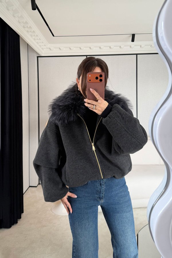 Yakası Kürklü Bomber Kaşe Mont