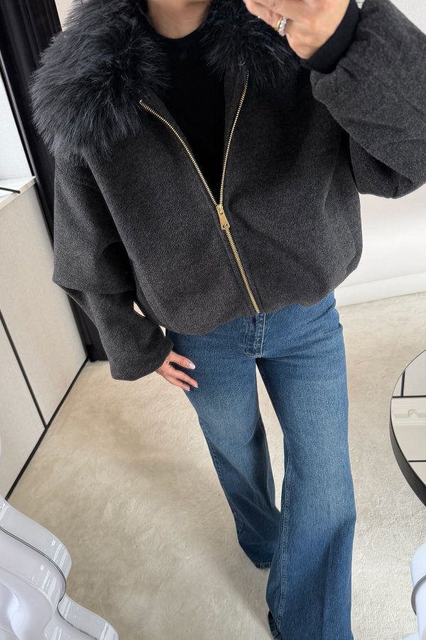 Yakası Kürklü Bomber Kaşe Mont