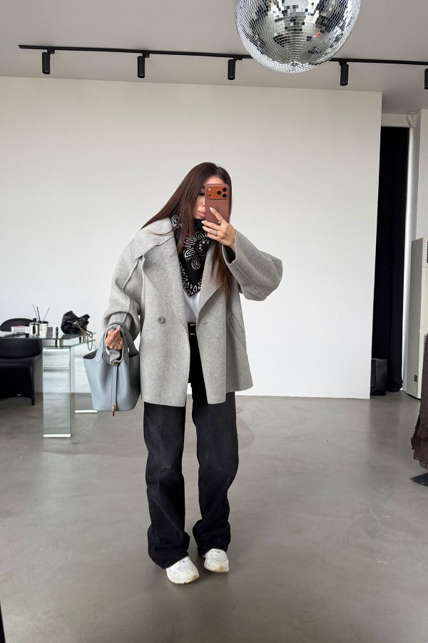 Kruvaze Yaka İki Düğmeli Kaşe Ceket