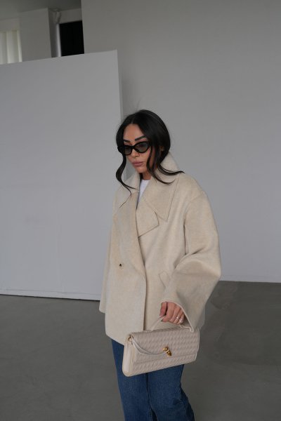 Kruvaze Yaka İki Düğmeli Kaşe Ceket