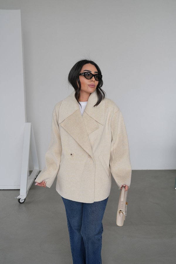 Kruvaze Yaka İki Düğmeli Kaşe Ceket