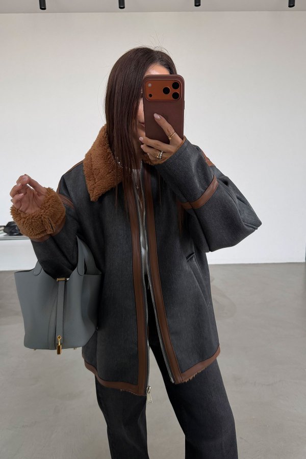 İçi Kürklü Deri Görünümlü Biker Mont