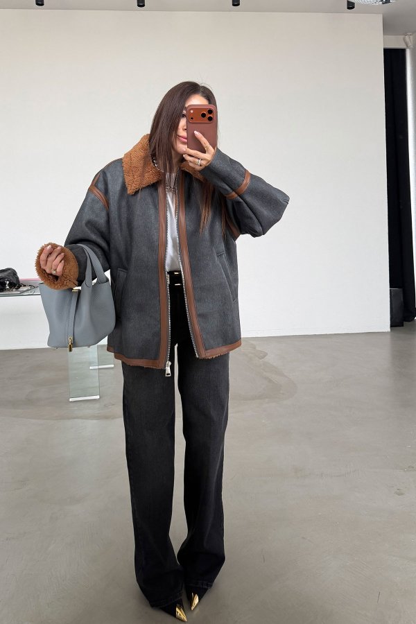 İçi Kürklü Deri Görünümlü Biker Mont