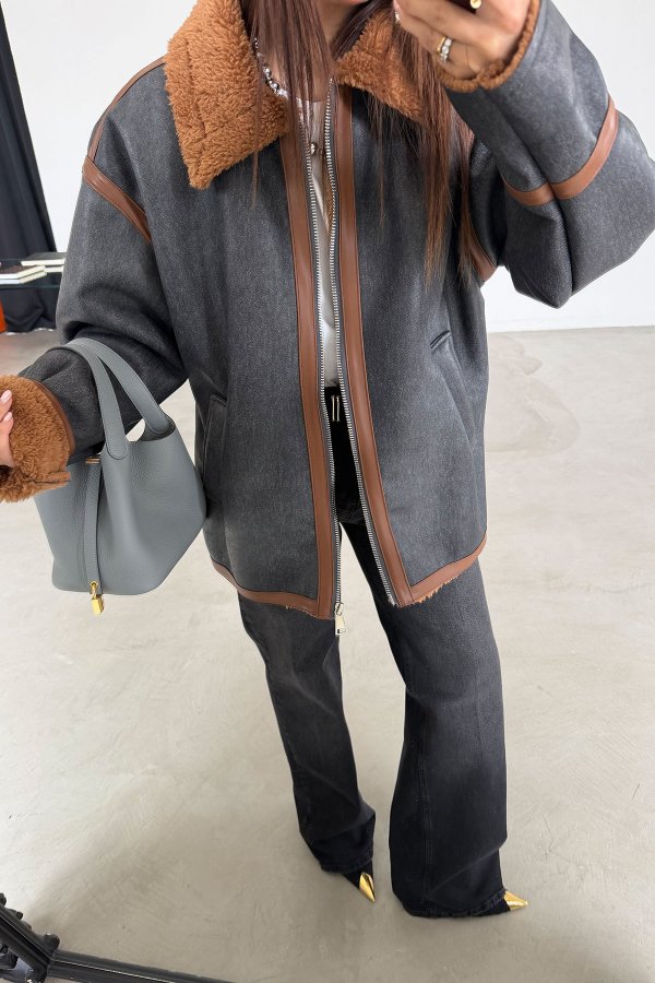 İçi Kürklü Deri Görünümlü Biker Mont