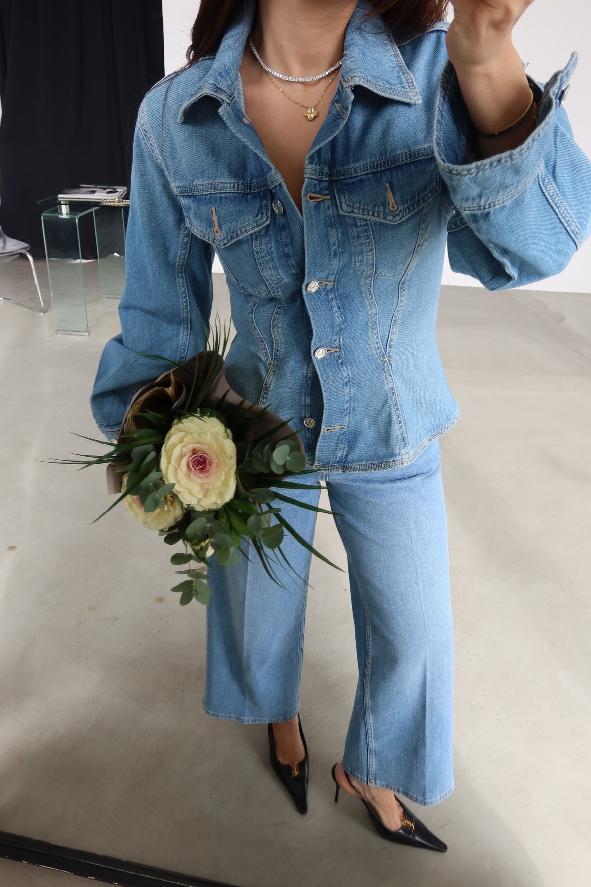 Çift Cepli Parça Dikişli Denim Ceket