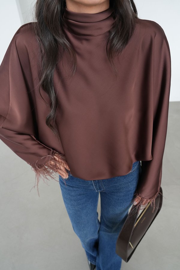 Kolları Otrişli Boyundan Bağlamalı Saten Bluz