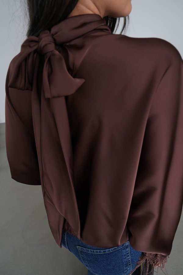 Kolları Otrişli Boyundan Bağlamalı Saten Bluz