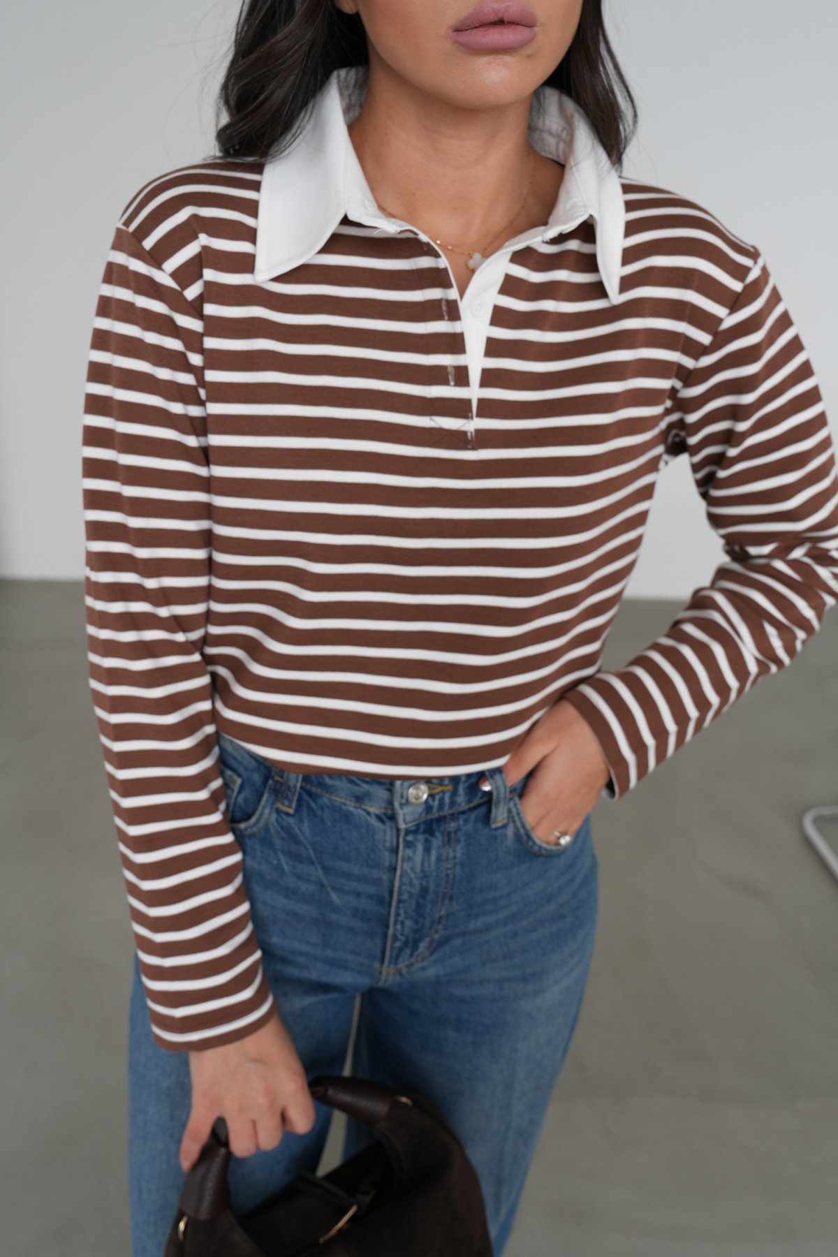 Polo Yaka Çizgili Uzun Kol Sweat