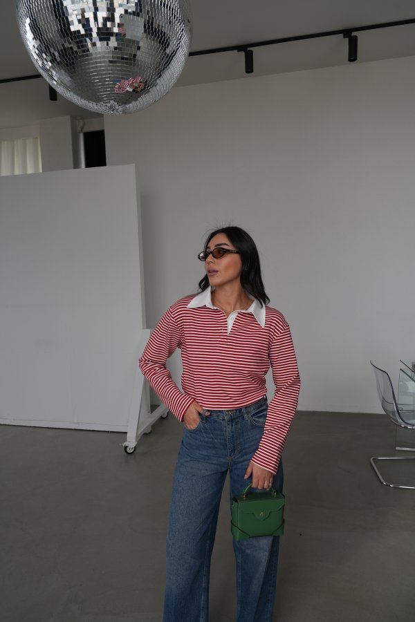 Polo Yaka Çizgili Uzun Kol Sweat